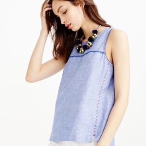 J. Crew Seamed Shell Linen Top in Blue Crosshatch Sleeveless Size 0